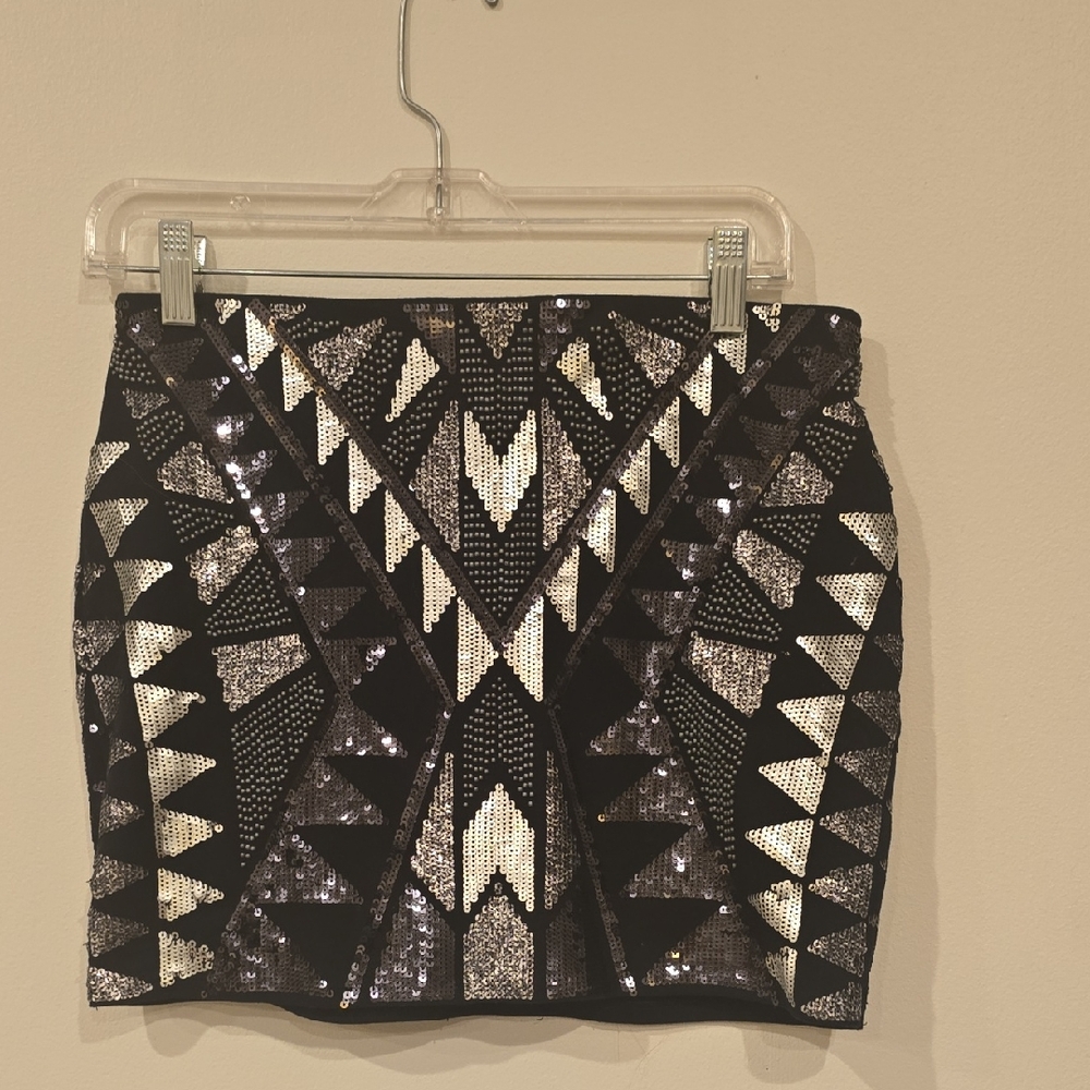 Express Black and Silver Geometric Sequin Skirt